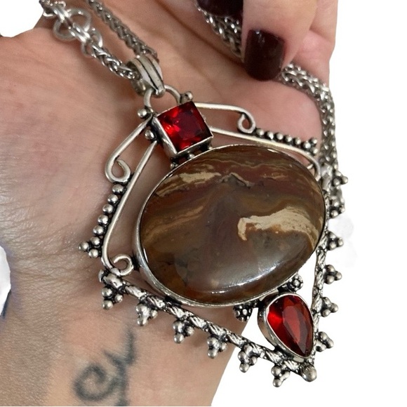 925 sterling silver overlay genuine red jasper stone boho steel chain necklace - Picture 2 of 13